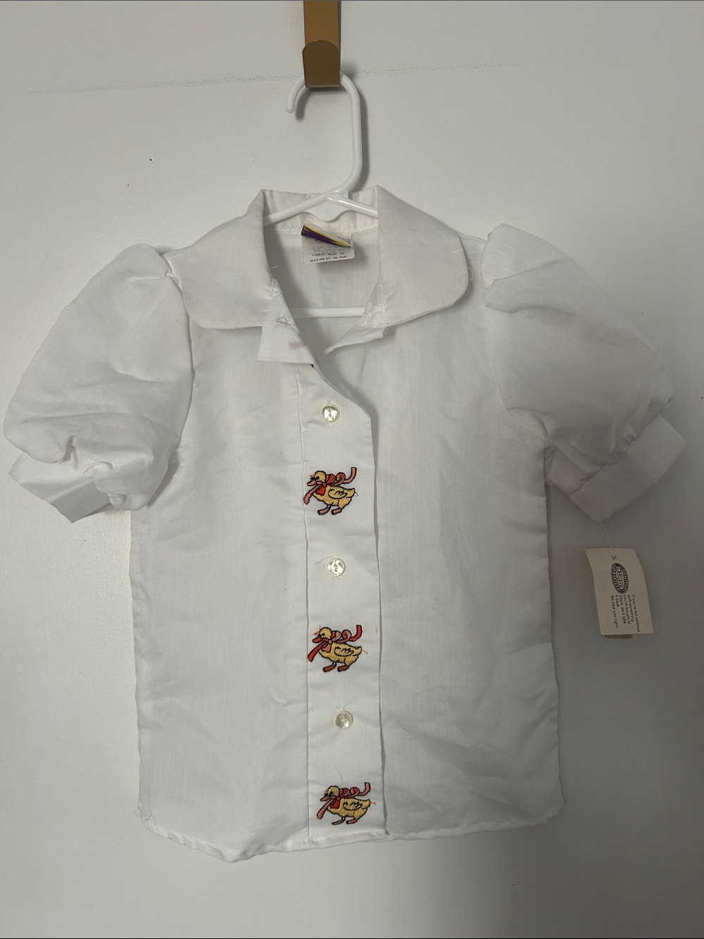 Girls vintage  White Puff-Sleeve Button-Up Shirt with Duck Embroidery size 5